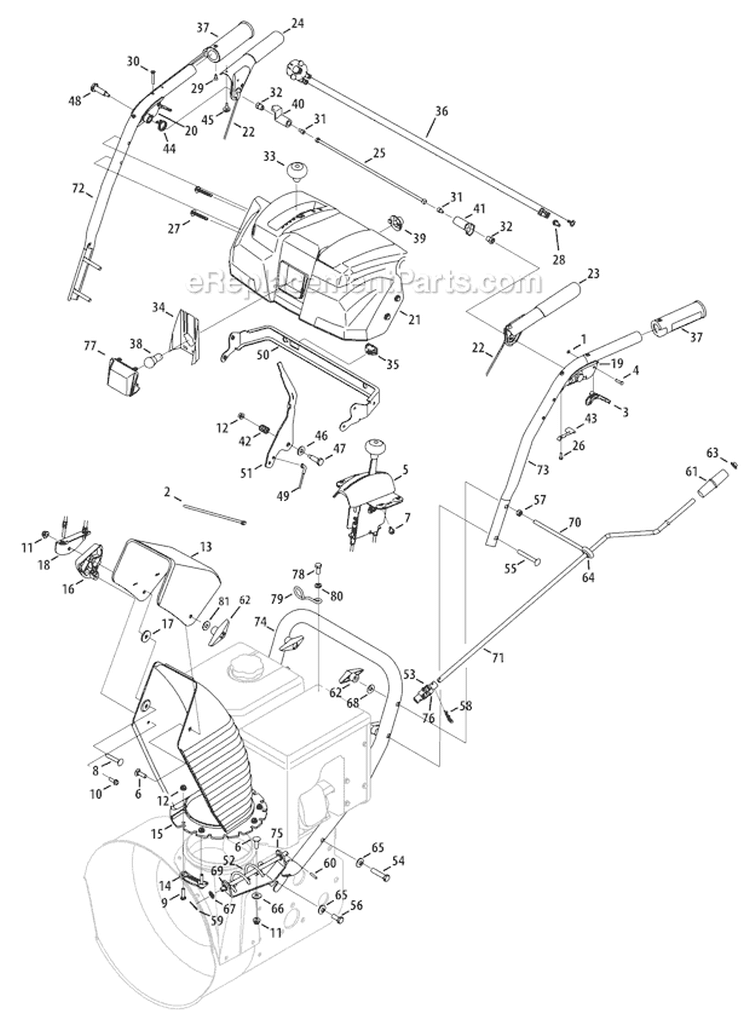 Hande Panel & Discharge Chute Diagram and Parts List for 31AH97P7711 2011 Troy-Bilt Snow Blower