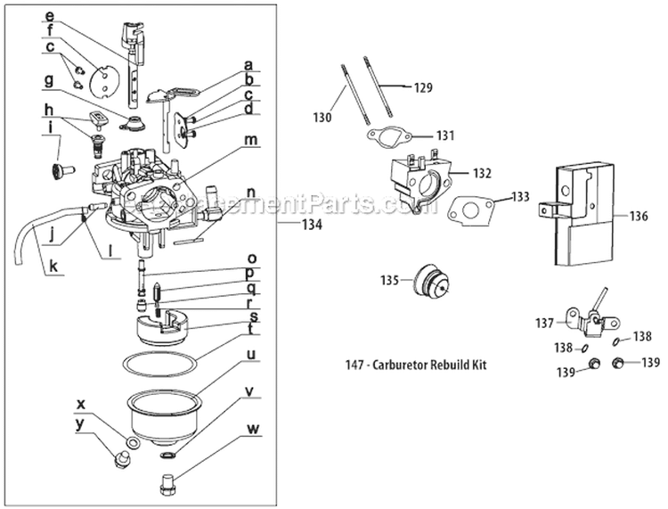 Carburetor Diagram and Parts List for 31AH97P7711 2012 Troy-Bilt Snow Blower