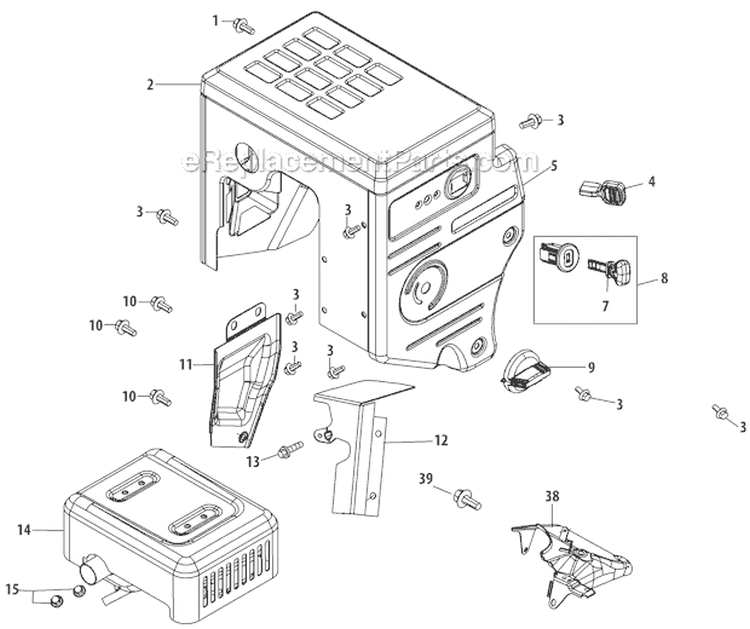 Muffler and Controls Diagram and Parts List for 31AH97P7711 2012 Troy-Bilt Snow Blower