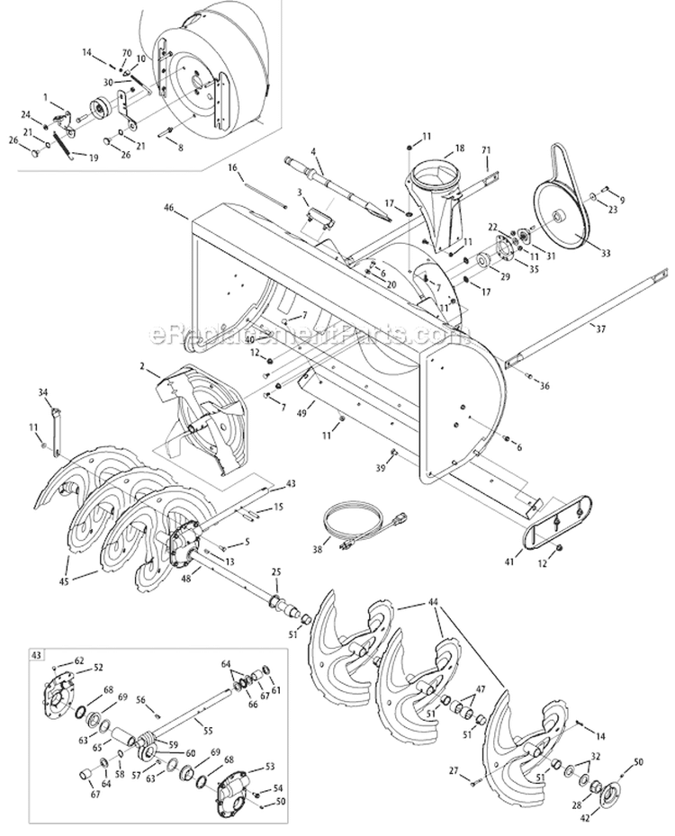 Auger Housing and Gearbox Diagram and Parts List for 31AH97P7711 2012 Troy-Bilt Snow Blower