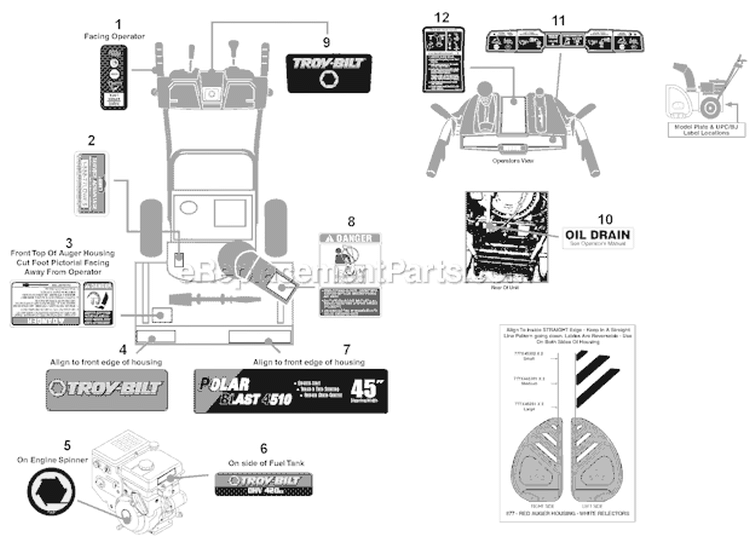 Label Map Diagram and Parts List for 31AH97P7766 2011 Troy-Bilt Snow Blower