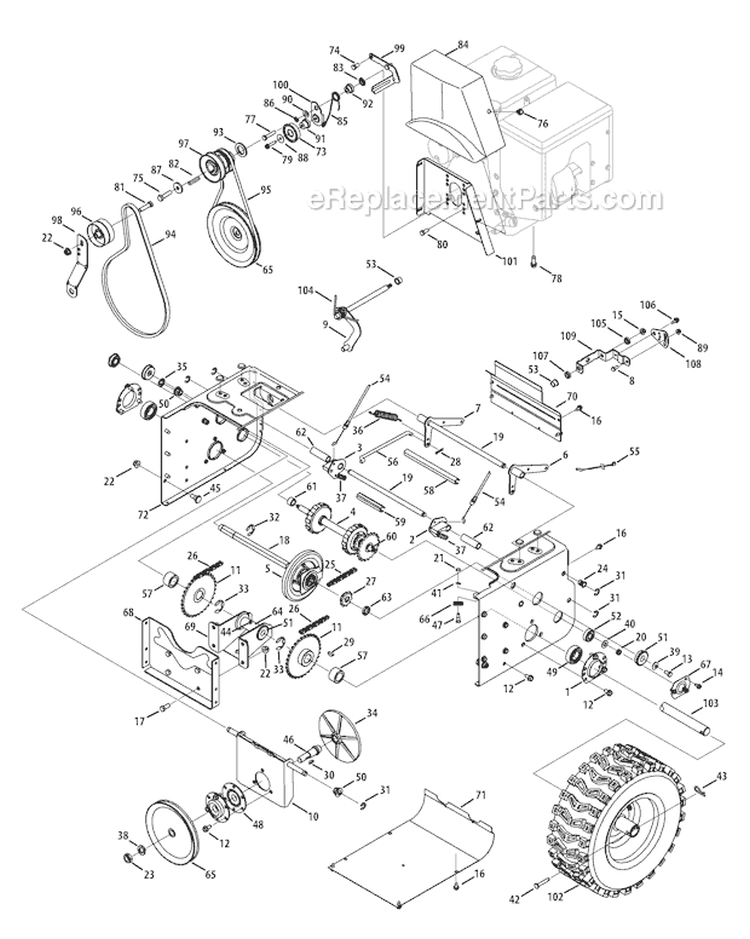 Snow Thrower Drive System Diagram and Parts List for 31AH97P7766 2011 Troy-Bilt Snow Blower