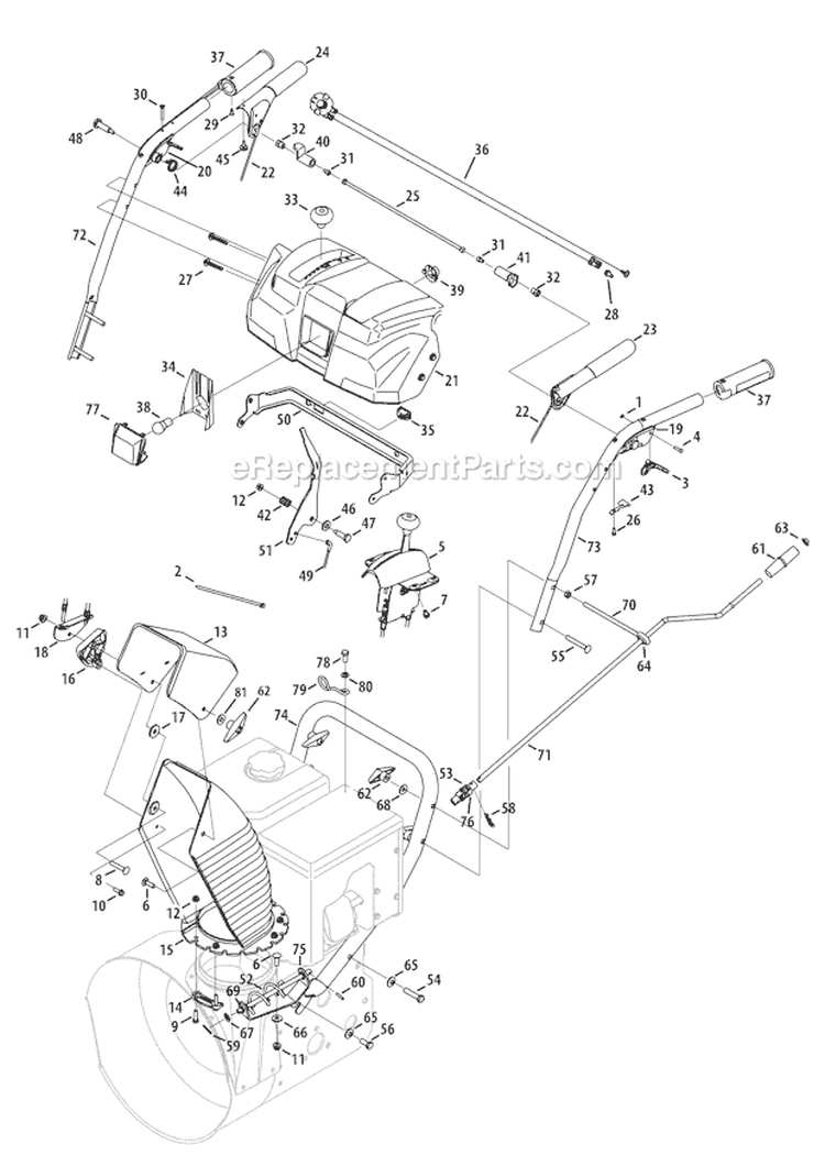 Hande Panel & Discharge Chute Diagram and Parts List for 31AH97P7766 2011 Troy-Bilt Snow Blower