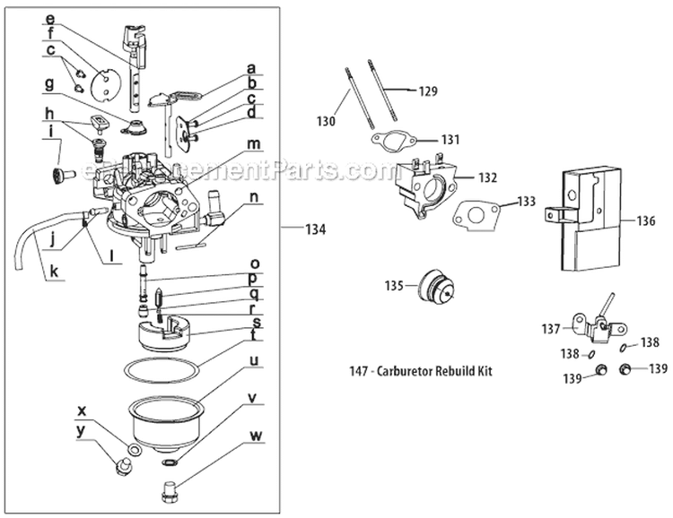 Carburetor Diagram and Parts List for 31AH97P7766 2012 Troy-Bilt Snow Blower