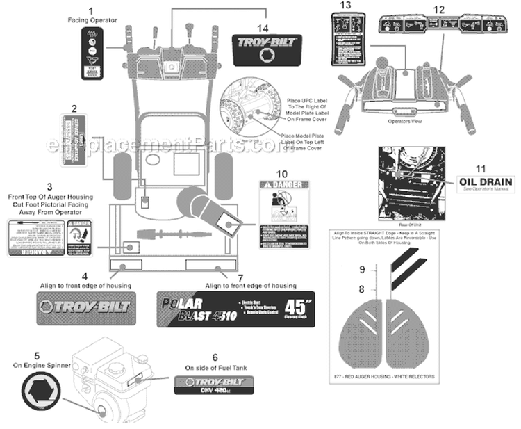 Label Map Diagram and Parts List for 31AH97P7766 2012 Troy-Bilt Snow Blower