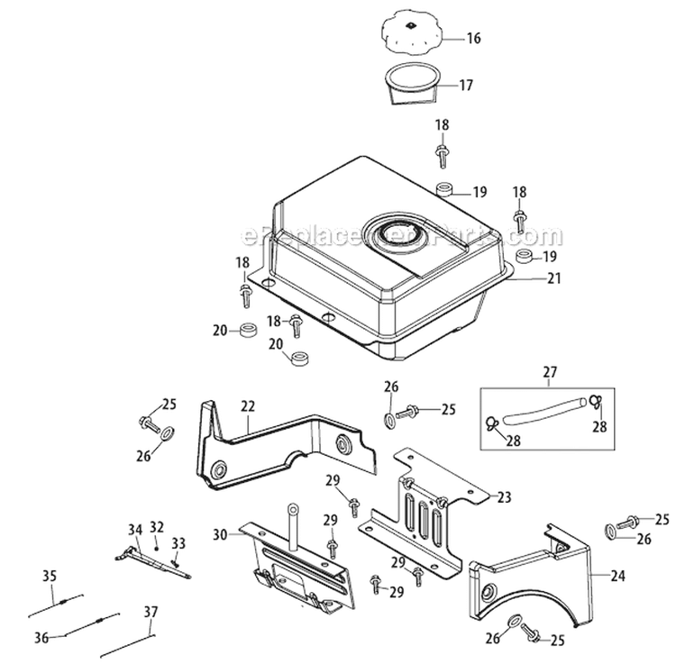 Fuel Tank and Mounting Diagram and Parts List for 31AH97P7766 2012 Troy-Bilt Snow Blower