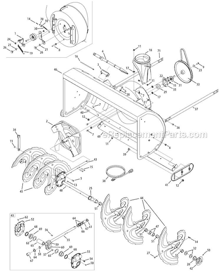 Auger Housing and Gearbox Diagram and Parts List for 31AH97P7766 2012 Troy-Bilt Snow Blower