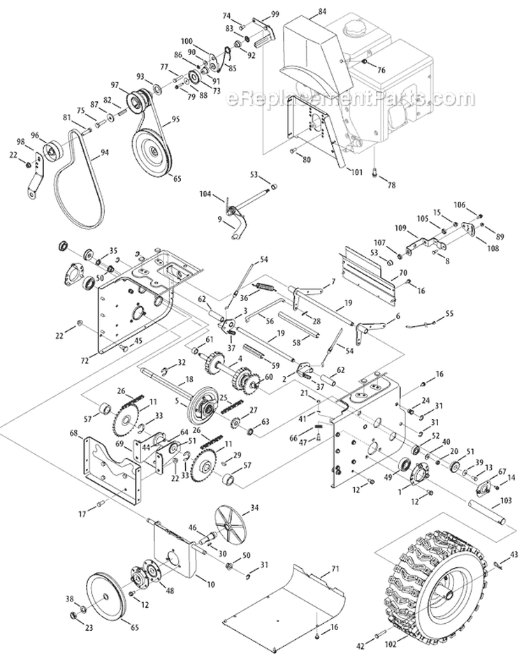 Drive System Diagram and Parts List for 31AH97P7766 2012 Troy-Bilt Snow Blower