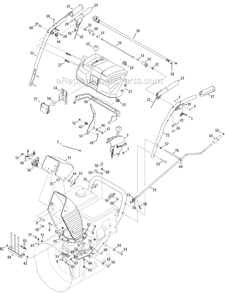 Handle Panel and Discharge Chute Diagram and Parts List for 31AH97P7766 2012 Troy-Bilt Snow Blower