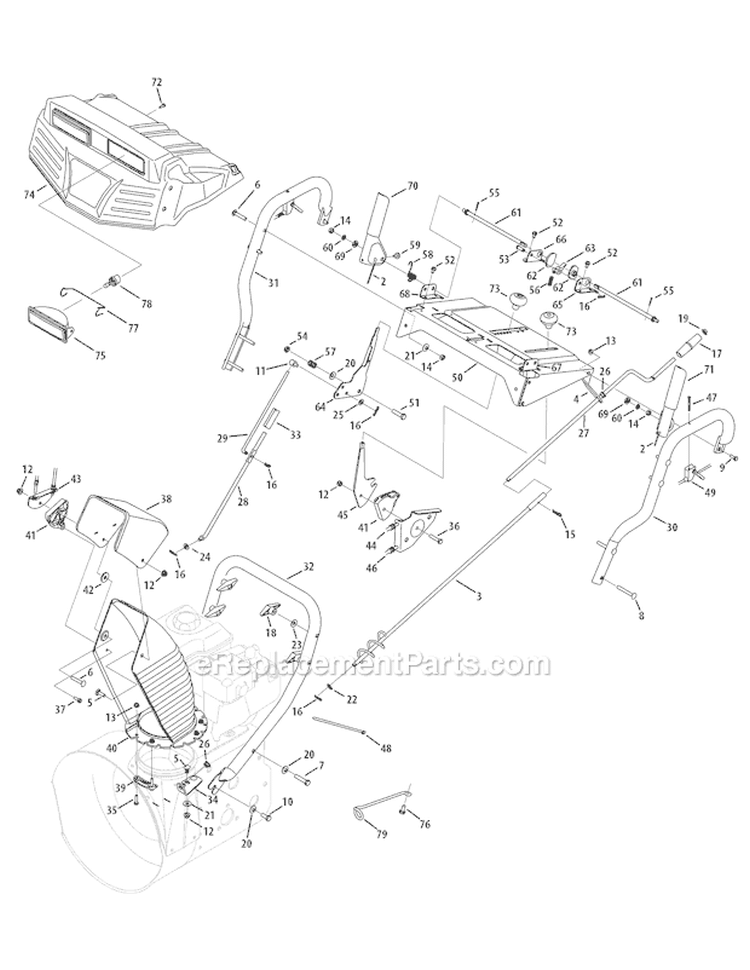 Handle Panel & Discharge Chute Diagram and Parts List for 31AH9J77766 2008 Troy-Bilt Snow Blower