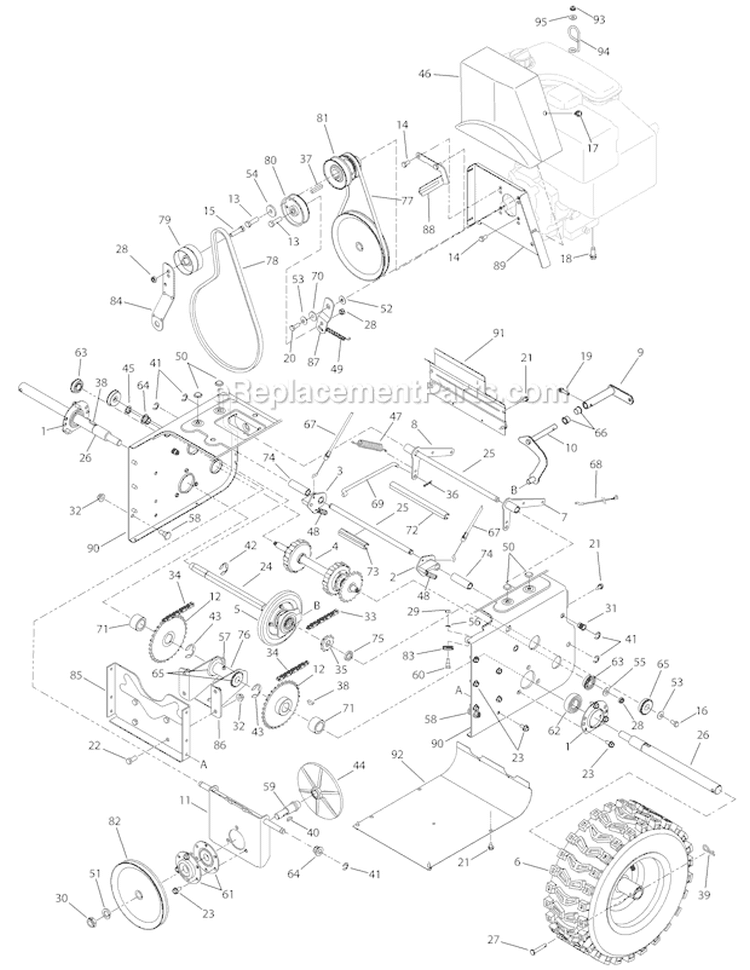 Drive System Diagram and Parts List for 31AH9P77766 2007 Troy-Bilt Snow Blower