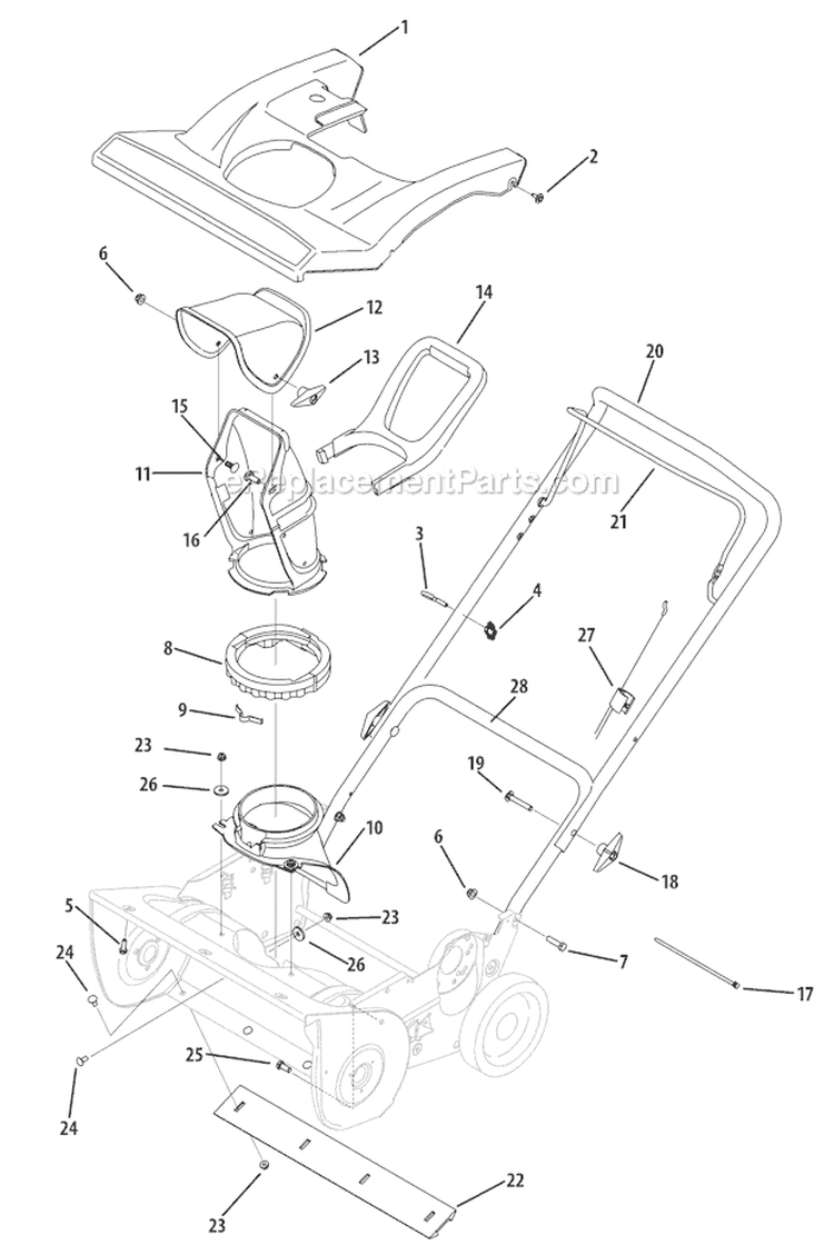 Shroud, Chute, Handle & Auger Housing Diagram and Parts List for 31AM2P5B 2009 Troy-Bilt Snow Blower
