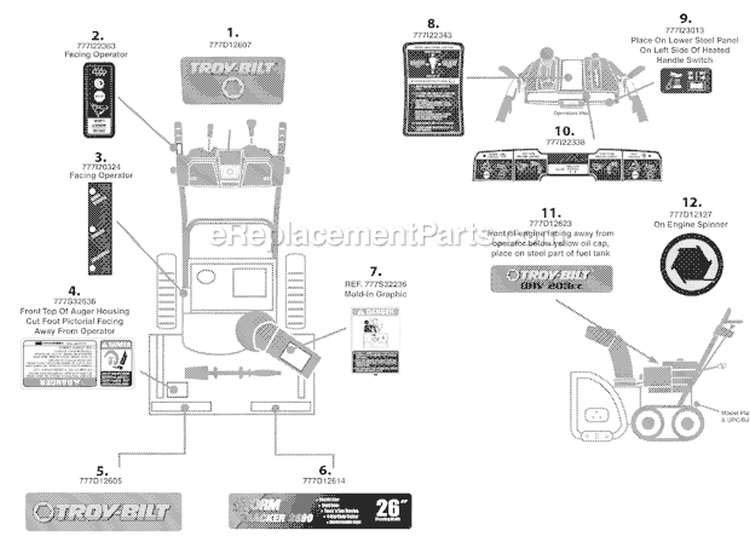 Label Map Diagram and Parts List for 31AM73Q3766 2008 Troy-Bilt Snow Blower