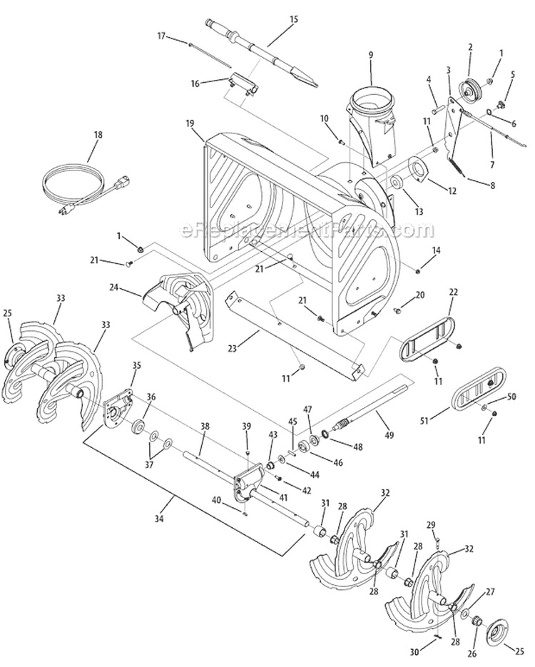 Auger Housing and Assembly Diagram and Parts List for 31AM73R3711 2012 Troy-Bilt Snow Blower