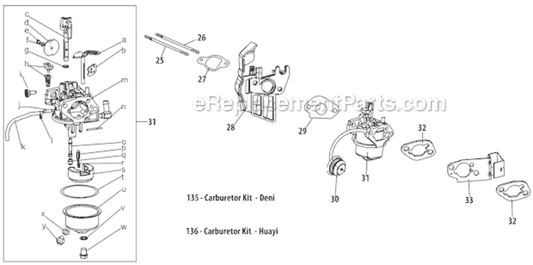 Carburetor Diagram and Parts List for 31AM73R3766 2012 Troy-Bilt Snow Blower