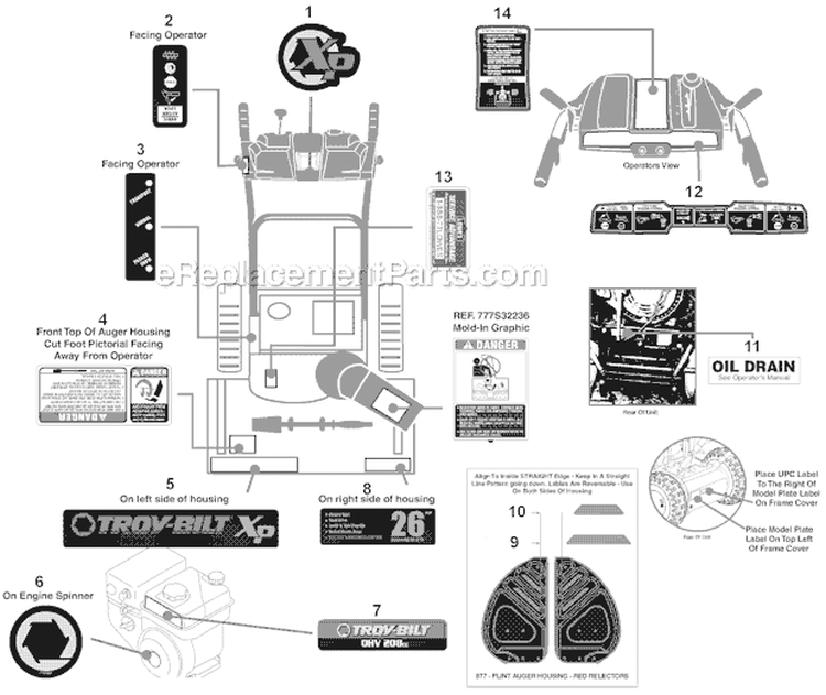 Label Map Diagram and Parts List for 31AM73R3766 2012 Troy-Bilt Snow Blower