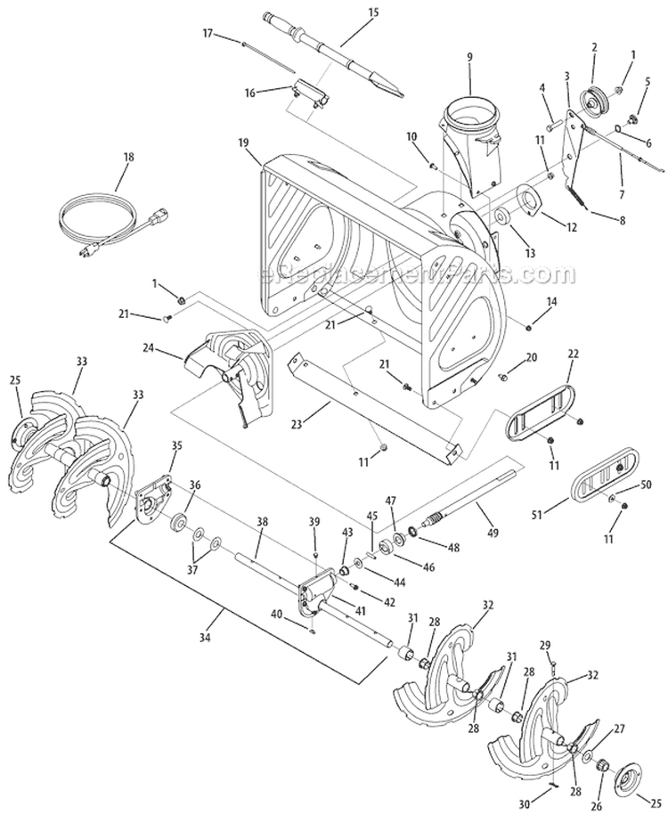 Auger Housing and Assembly Diagram and Parts List for 31AM73R3766 2012 Troy-Bilt Snow Blower