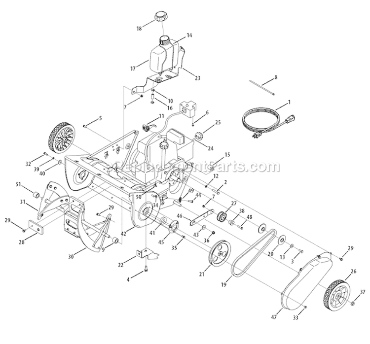 Auger & Drive System Diagram and Parts List for 31AS2B5-711 2007 Troy-Bilt Snow Blower