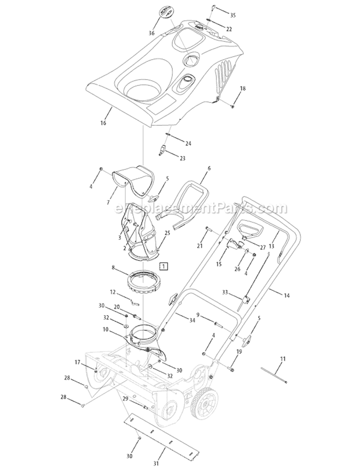 Chute & Handle Diagram and Parts List for 31AS2B5-766 2007 Troy-Bilt Snow Blower