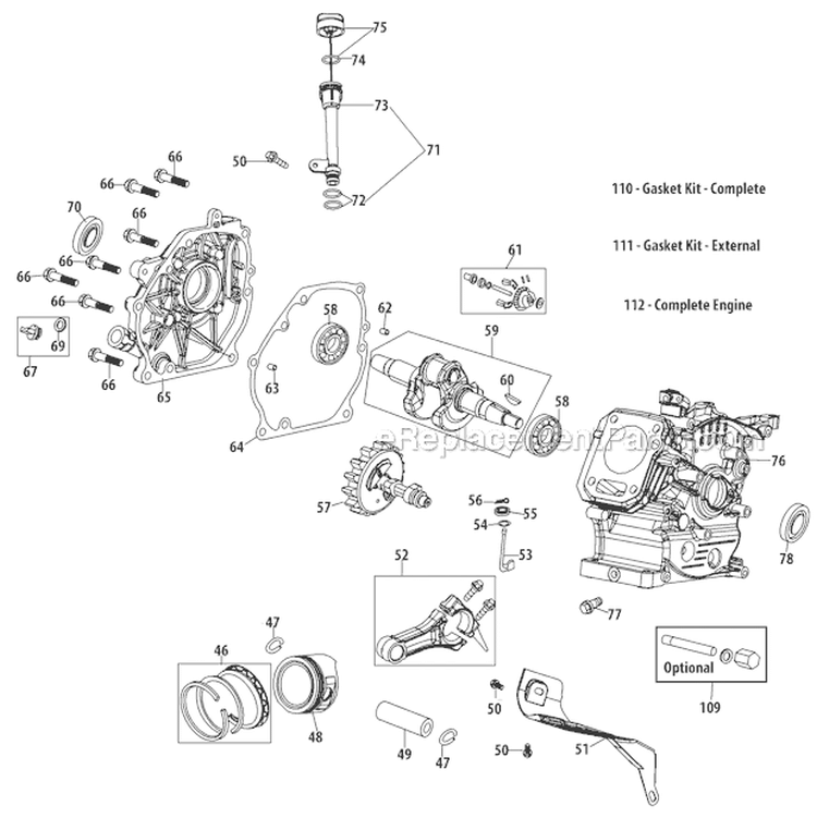 Crankcase Diagram and Parts List for 31AS2T5F711 2012 Troy-Bilt Snow Blower