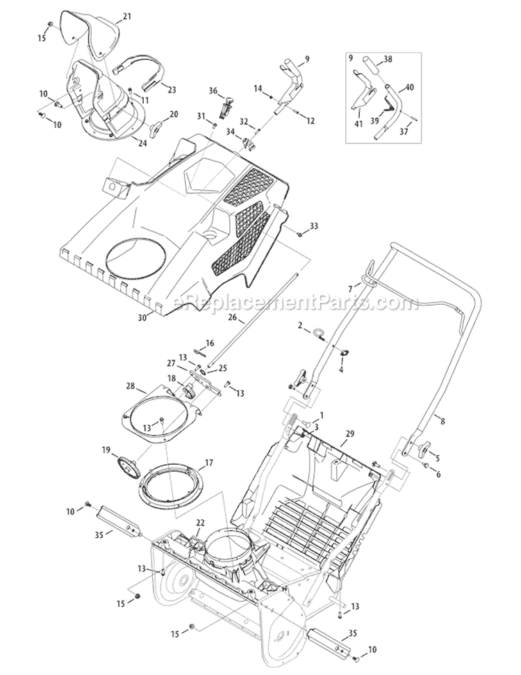 Shroud, Chute & Handle Squall 2100 Diagram and Parts List for 31AS2T5F766 2011 Troy-Bilt Snow Blower