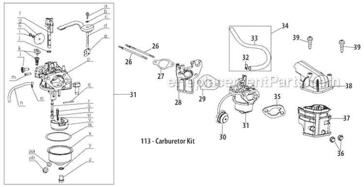 Carburetor Diagram and Parts List for 31AS2T5F766 2012 Troy-Bilt Snow Blower