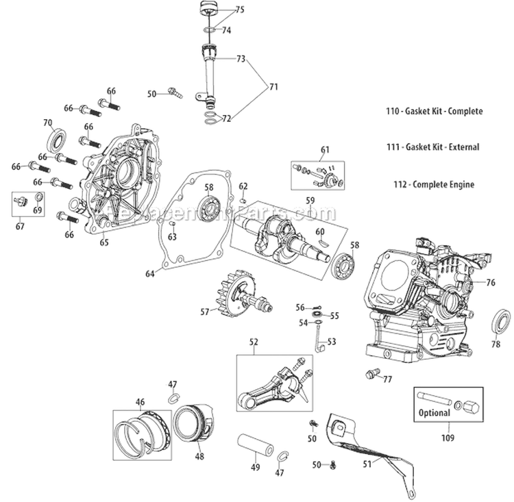 Crankcase Diagram and Parts List for 31AS2T5F766 2012 Troy-Bilt Snow Blower