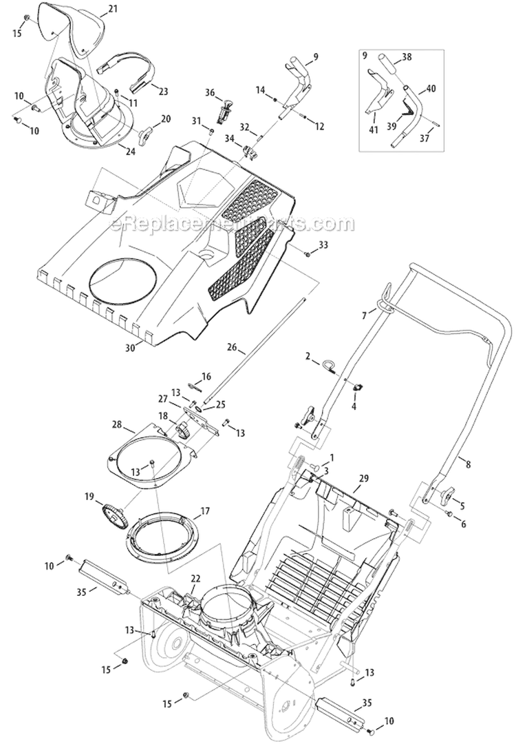Shroud Chute and Handle Diagram and Parts List for 31AS2T5F766 2012 Troy-Bilt Snow Blower