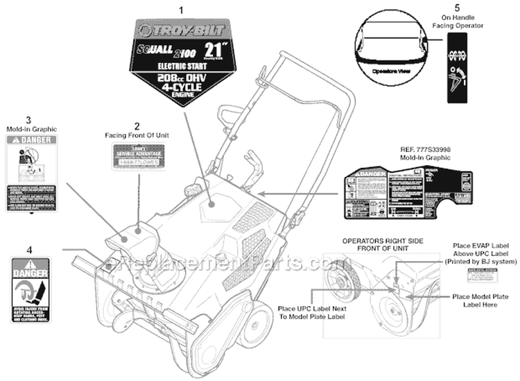 Label Map Diagram and Parts List for 31AS2T5F766 2012 Troy-Bilt Snow Blower