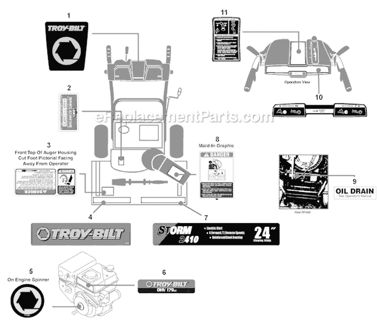 Label Map Storm 2410 Diagram and Parts List for 31AS62N2711 2011 Troy-Bilt Snow Blower