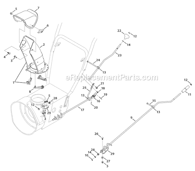 Standard 2-Way Chute Diagram and Parts List for 31AS62N2711 2011 Troy-Bilt Snow Blower