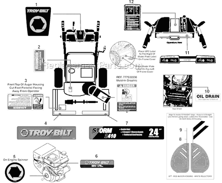Label Map Diagram and Parts List for 31AS62N2711 2012 Troy-Bilt Snow Blower