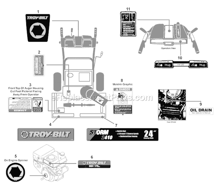 Label Map Storm 2410 Diagram and Parts List for 31AS62N2766 2011 Troy-Bilt Snow Blower