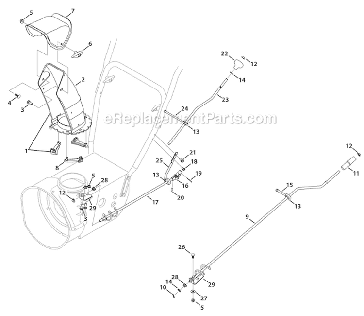 Standard 2-Way Chute Diagram and Parts List for 31AS62N2766 2011 Troy-Bilt Snow Blower