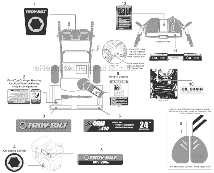 Label Map Diagram and Parts List for 31AS63N2766 2012 Troy-Bilt Snow Blower