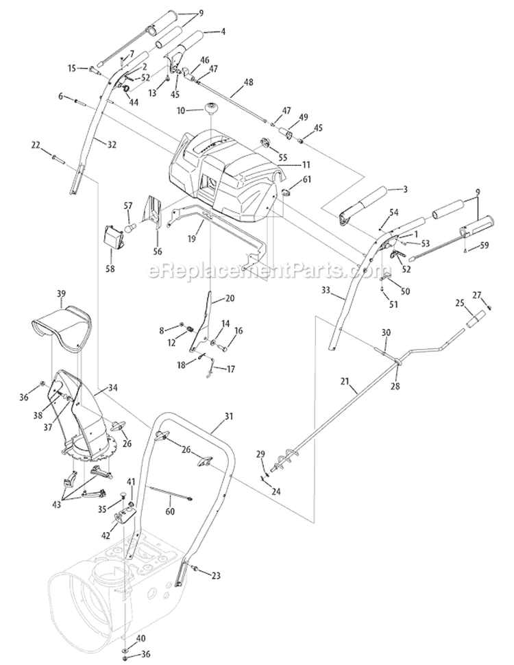 N-Style Handle, Frame & Discharge Chute Diagram and Parts List for 31AS6BN2711 2007 Troy-Bilt Snow Blower
