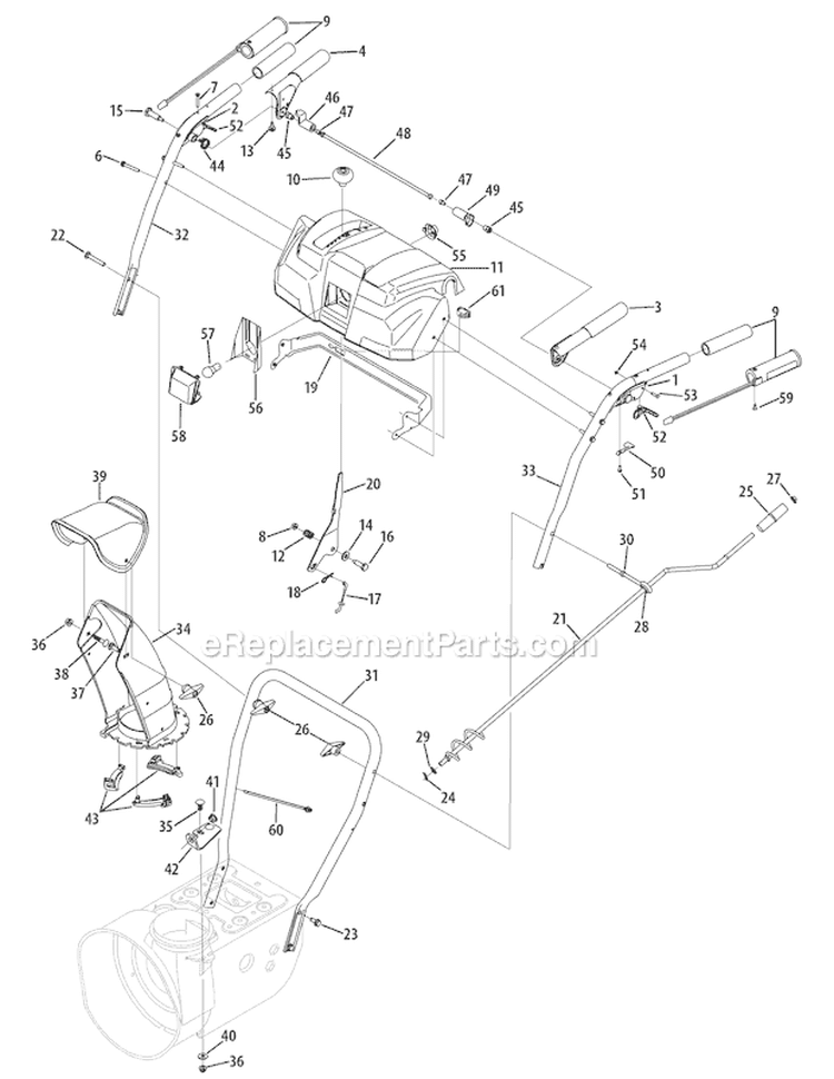 N-Style Handle, Frame & Discharge Chute Diagram and Parts List for 31AS6BN2766 2007 Troy-Bilt Snow Blower