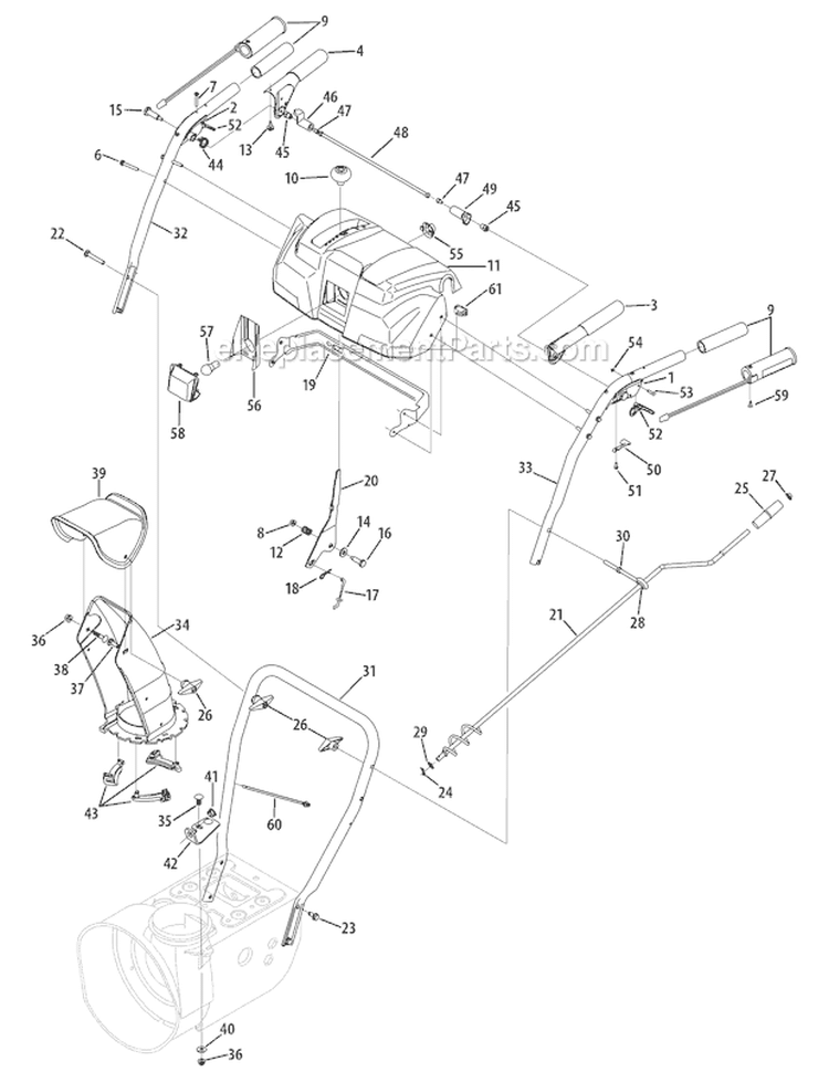 N-Style Handle, Frame & Discharge Chute Diagram and Parts List for 31AS6GN3766 2007 Troy-Bilt Snow Blower