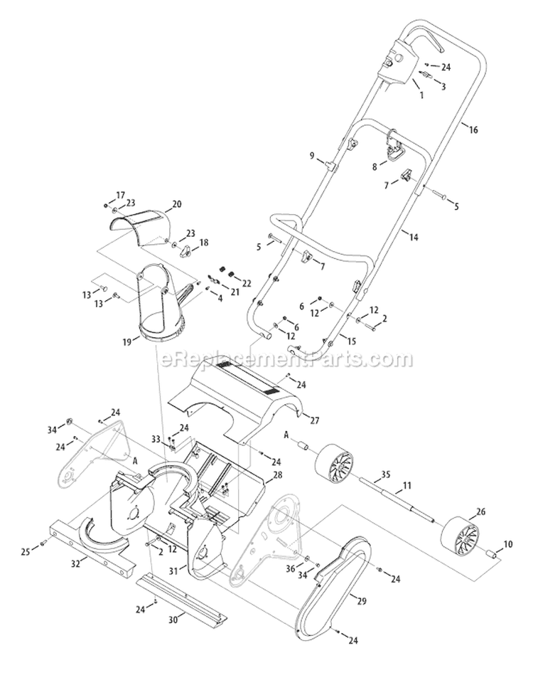 Frame, Handle & Chute Diagram and Parts List for 31B-050-711 2011 Troy-Bilt Snow Blower
