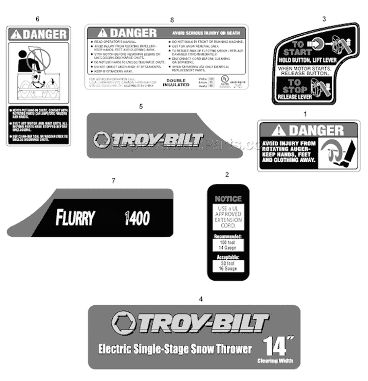 Label Map Diagram and Parts List for 31B-050-711 2011 Troy-Bilt Snow Blower
