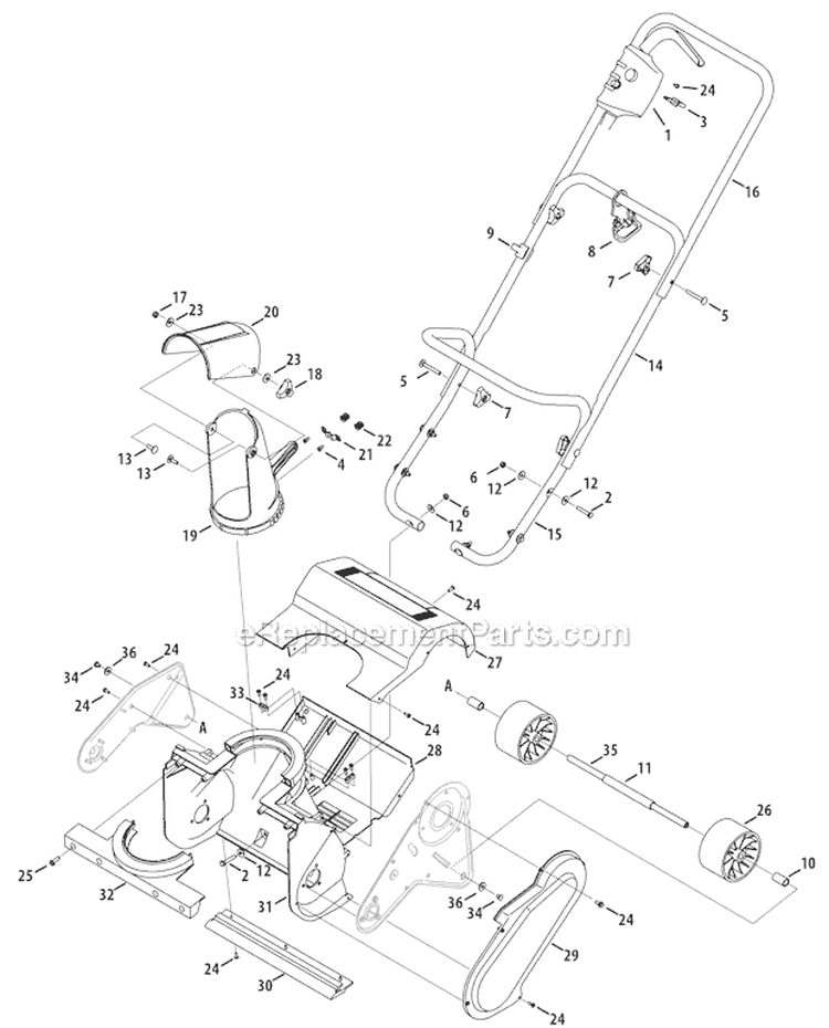 Frame Handle and Chute Diagram and Parts List for 31B-050-711 2012 Troy-Bilt Snow Blower