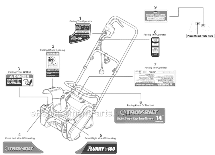 Label Map Diagram and Parts List for 31B-050-711 2012 Troy-Bilt Snow Blower
