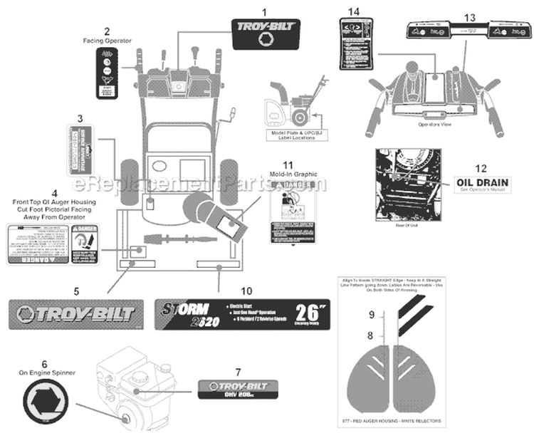 Label Map Diagram and Parts List for 31BM63P3766 2012 Troy-Bilt Snow Blower