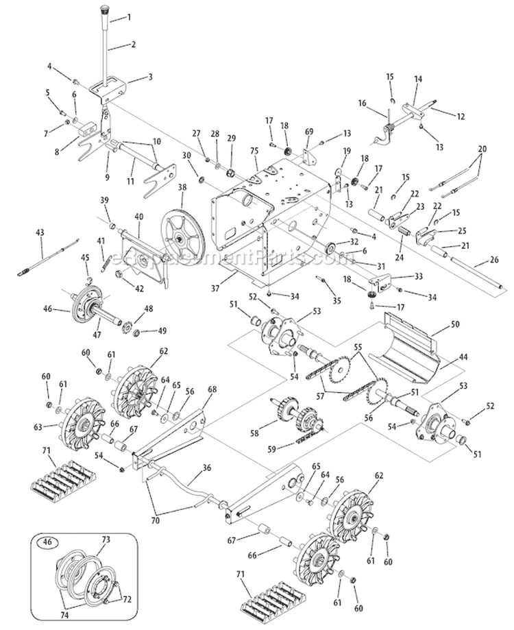 Transmission & Track Drive System Diagram and Parts List for 31BM73Q3 2009 Troy-Bilt Snow Blower