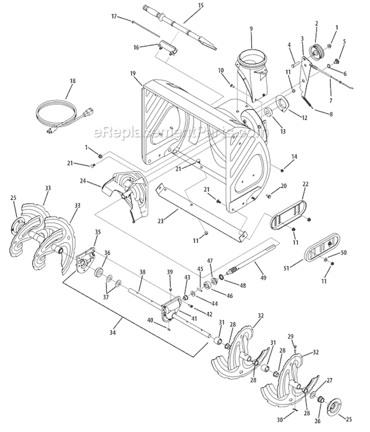 Auger & Housing Assembly Diagram and Parts List for 31BM73Q3 2010 Troy-Bilt Snow Blower