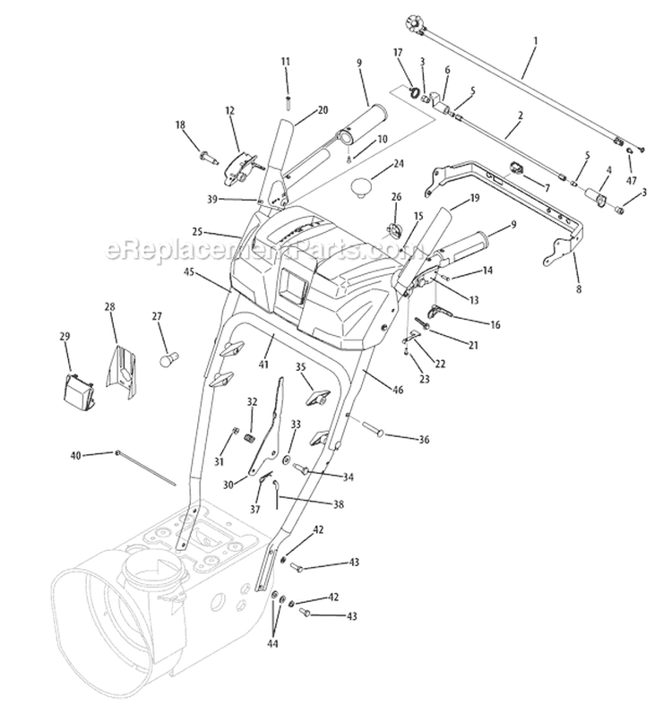 Chute & Handle Panel Diagram and Parts List for 31BM73Q3 2010 Troy-Bilt Snow Blower
