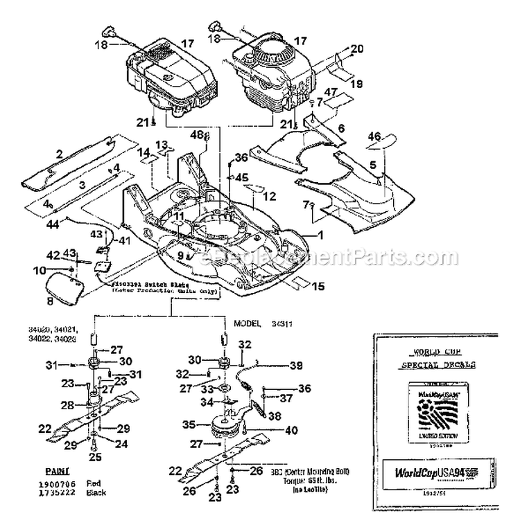 Page F Diagram and Parts List for 34313 S/N 0100101-0299999 Troy-Bilt Lawn Mower