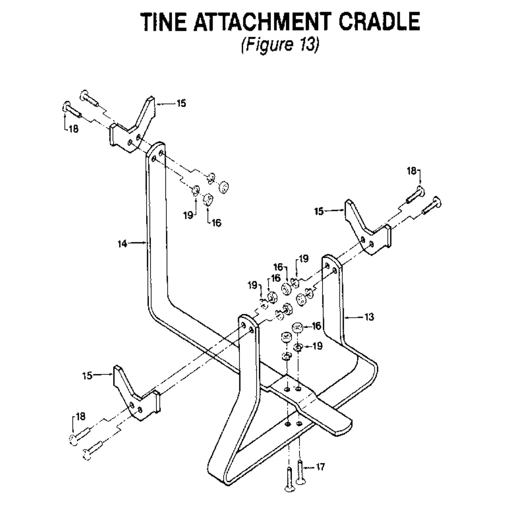 Tine Attachment Cradle Diagram and Parts List for 00950727  Troy-Bilt Tiller
