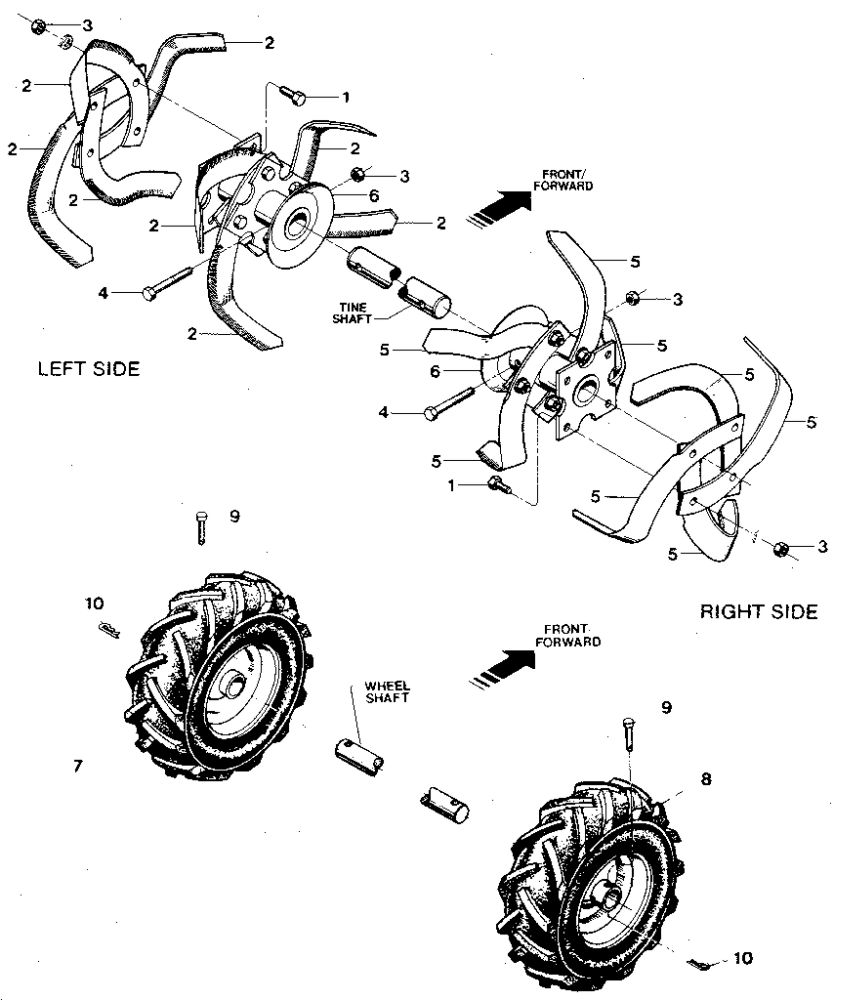 Bolo Tines, Wheels Diagram and Parts List for TUFFY XD0100 & UP Troy-Bilt Tiller