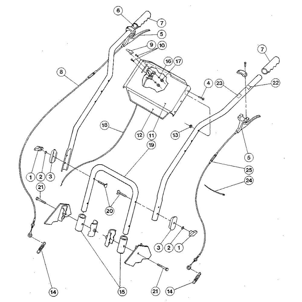 Handlebars, Control Levers, And Throttle Lever Diagram and Parts List for A0000100  Troy-Bilt Lawn Mower